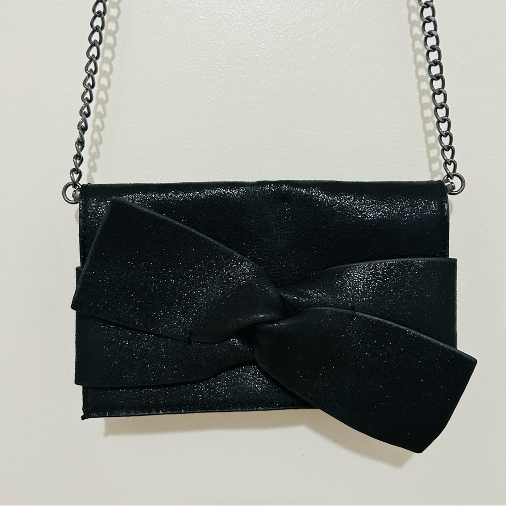 Jessica Simpson Black Shimmer Bow Crossbody Bag Wallet On Chain Clutch